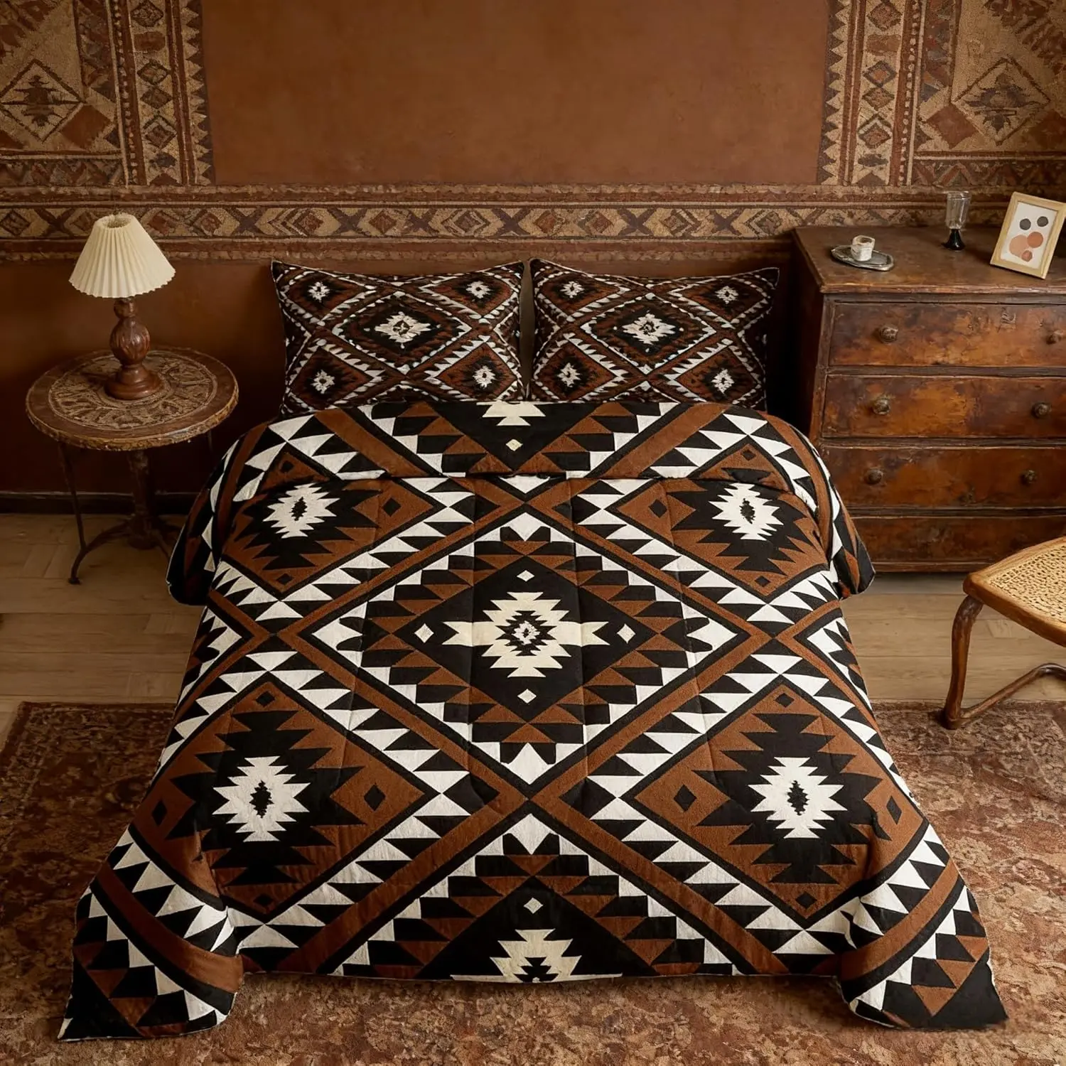Feelyou Queen Bed Cover Set - Rustic Western Cowboy Bedding Set, Southwestern Brown Black White Geometric Diamond Aztec Duvet, Bedroom Decor, Bedding Sets,back to school,back to school shopping,home decor