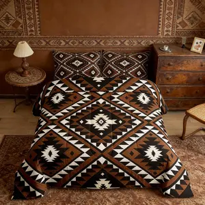 Feelyou Queen Size Bed Comforter Set - Rustic Western Farmhouse Duvet, Southwestern Aztec Ethnic Mexican Brown Black White Geometric Diamond Design, Bedroom, Decorative, Quilt Bedding