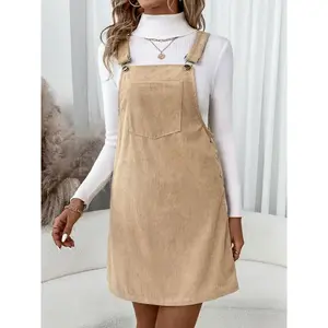 Women's Corduroy Overall Dress Button Pinafore Jumper Dresses with Pocket Adjustable Straps Mini Length Sleeveless Casual Daily Wear