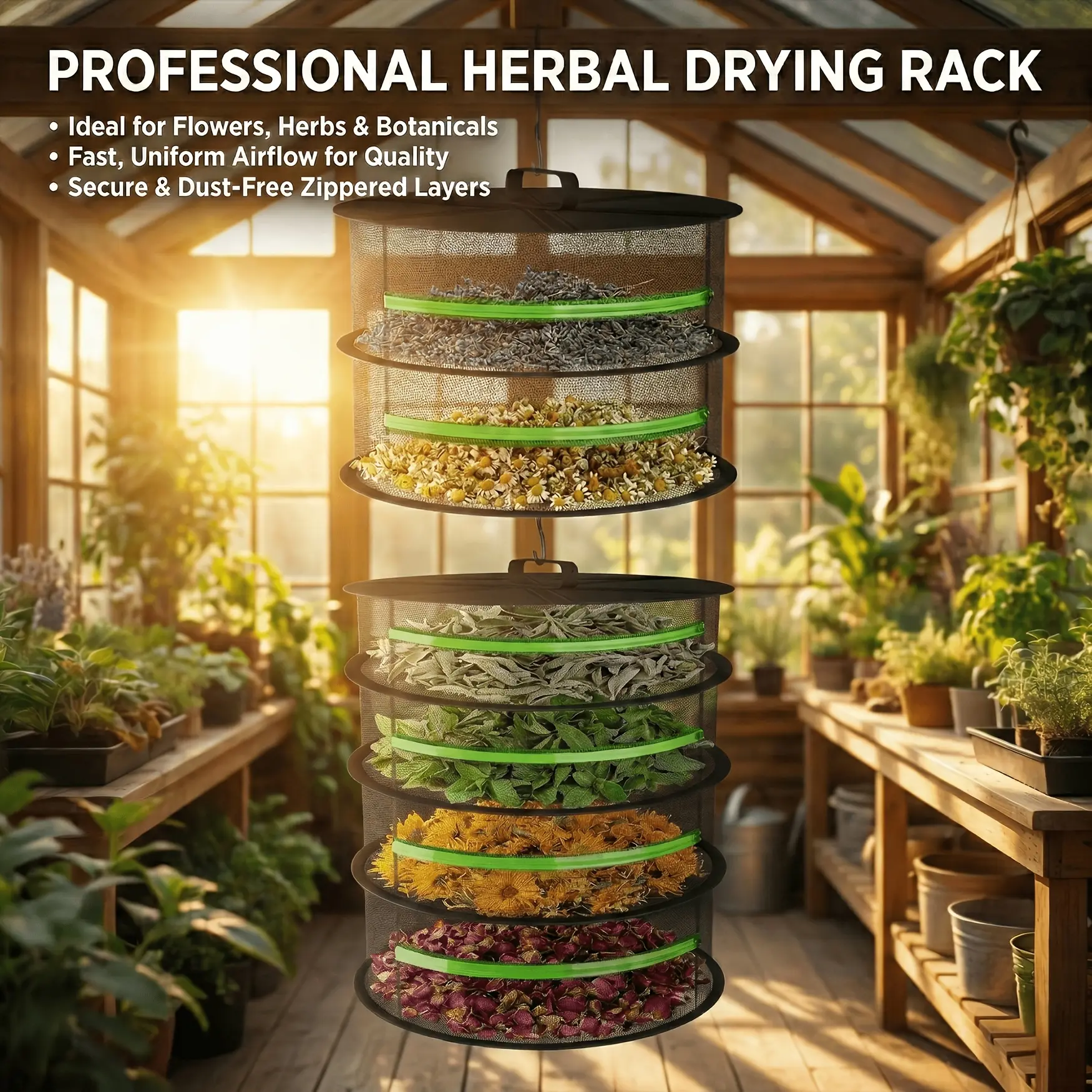 2-8 Tier Herb Drying Rack Mesh Hanging Dryer Net With Green Zippers, Collapsible Hydroponic Dry Net For Drying Seeds, Herbs, Flowers, Buds & Plants, Heavy Duty Breathable Mesh Organizer For Indoor Grow Tent Garden Harvest Preservation, Black