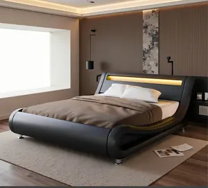 HOOMIC Modern LED Platform Bed Frame【Frame Only No Mattress】,Adjustable Headboard,No Box Spring Needed,Black Faux Leather,Full/Queen/King