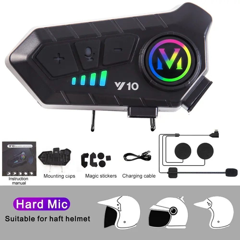 Soft Y10 Model Bluetooth Motorcycle Helmet Headset - v5.3, Stereo Sound, Voice Control, Hands-Free Calls, 2000mAh Battery, Ambient Light, Included Base, Connect 2 Devices, Switch Devices with 1 Button, Summer Sports & Outdoor Leisure Accessory