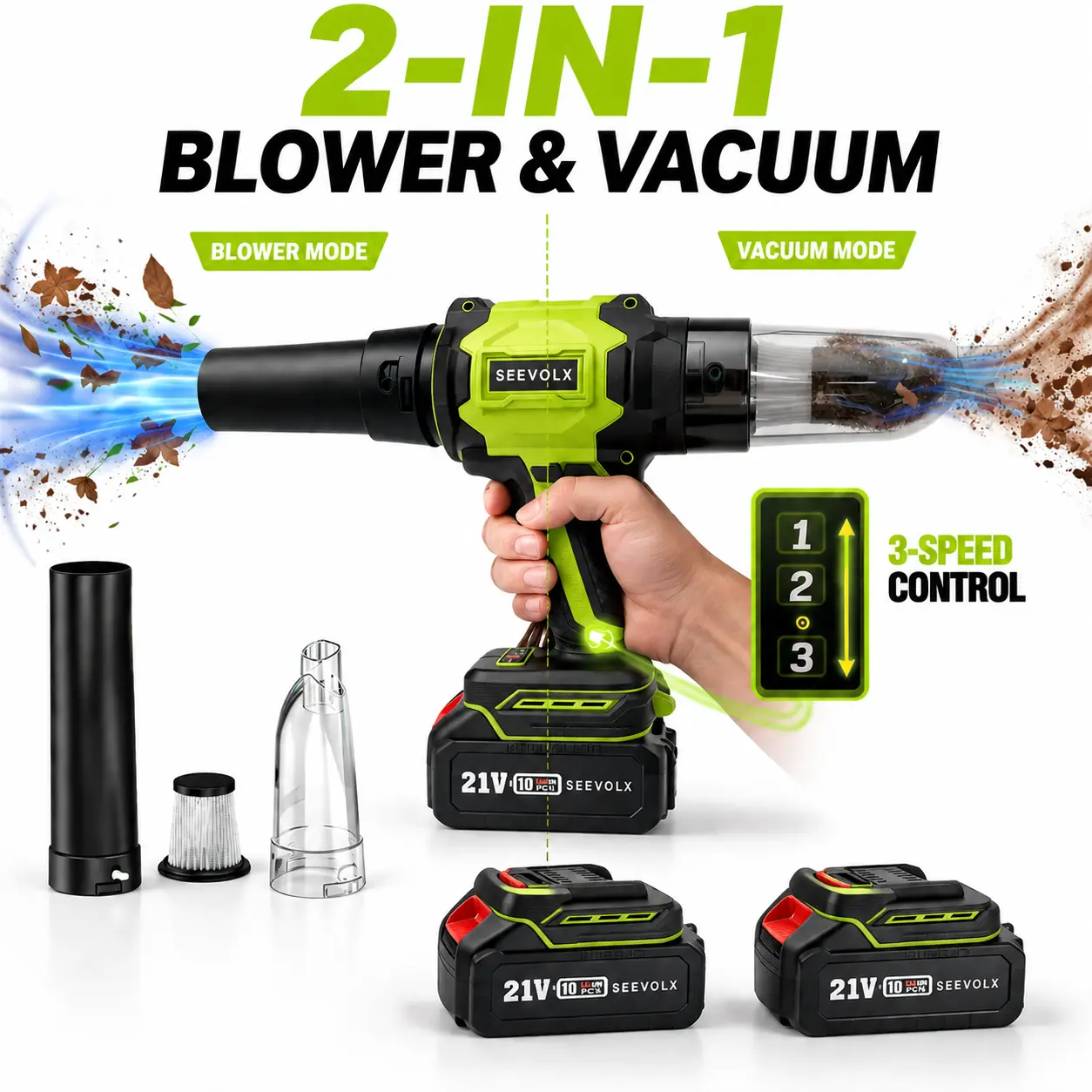 SEEVOLX 21V Max Cordless Blower & Vacuum Kit, 2 Dual Batteries, 3-Speed Control, 2 Versatile Nozzles, HEPA Filter, Multifunctional Powerful Cleaning Solution for Yardwork, Efficient and Convenient Outdoors Use, Home Cleaning, Car/Home