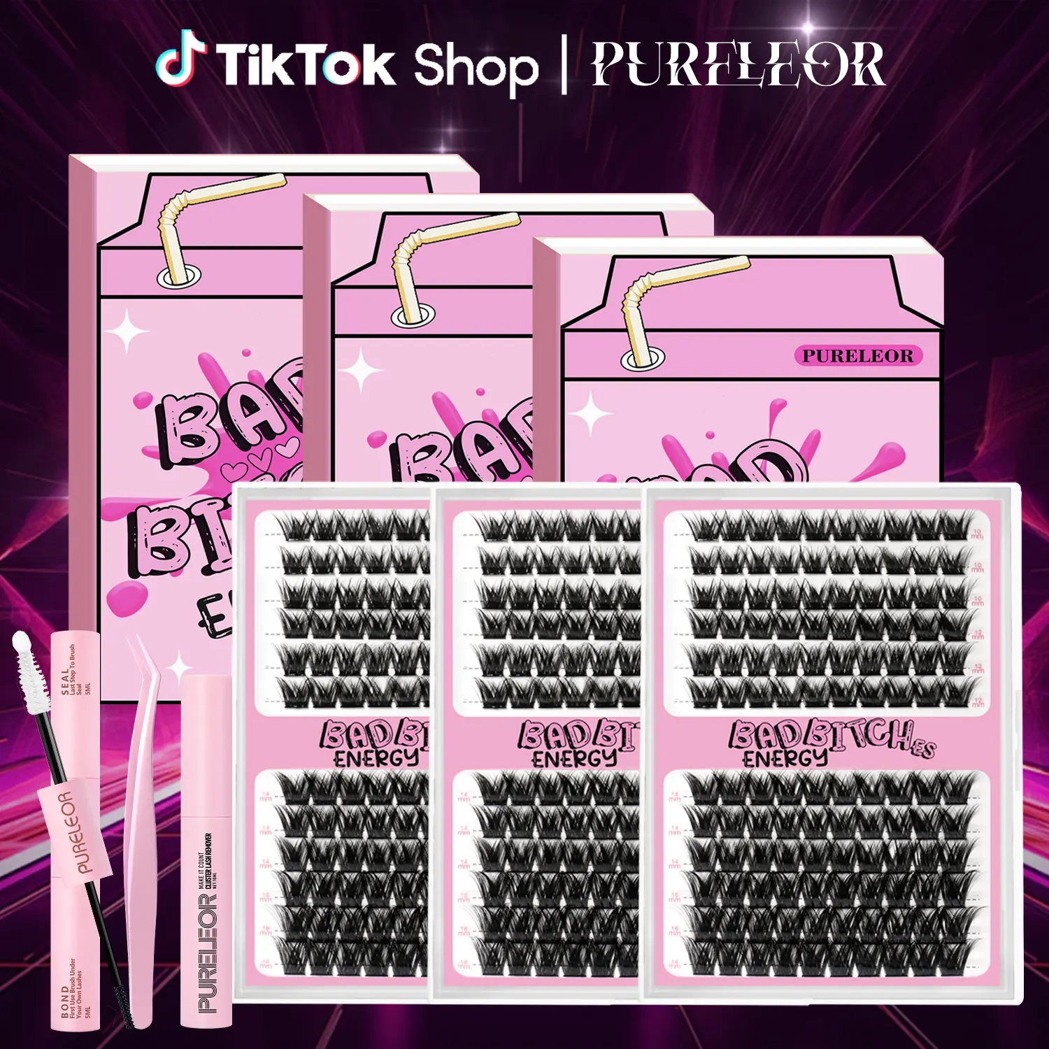 PURELEOR FD08 Makeup Clusters Lashes Kit, D-Curl Individual Natural Glam Lash Extensions (10-16mm), High-Quality Soft Fiber, Cruelty-Free, DIY At-Home, Easy to Wear & Remove