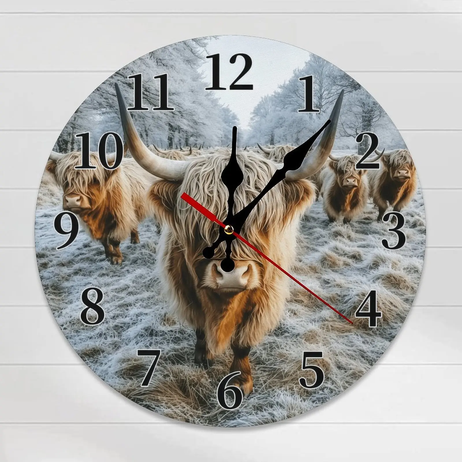 Vintage Round Fluffy Animal Print Highland Cow Analog Wall Clock - 10-12in DIY Assembly Silent Move Casual Rustic Farmhouse Wooden Clock, Home Room Decor for Cow Lovers