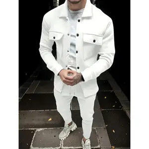 Men's two-piece set men's fashion solid color pocket open button lapel jacket and solid color set formal long sleeved