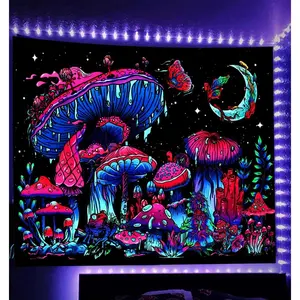 Blacklight Mushroom Tapestry, Glow In The Dark Black Light Plant Tapestry Fantasy UV Reactive Mushroom Butterfly Moon Tapestries Posters Wall Hanging for Bedroom Dorm Decor summerwins