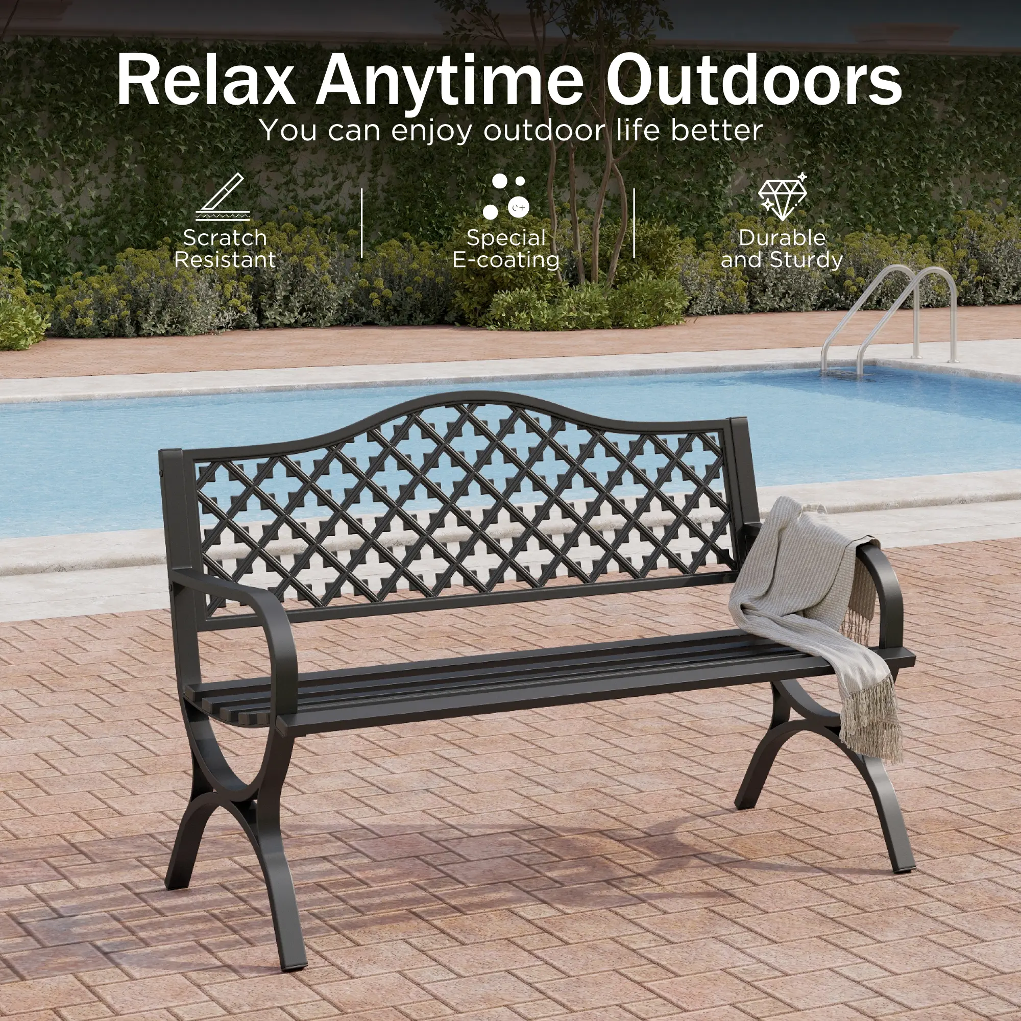 PHIVILLA 50" Garden Metal Benches for Outdoors Weatherproof 2-Person Steel Benches Furniture for Garden, Patio, Porch, Black