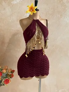 Women’s Lightweight Halter Neck Sequin Tassel Knit Fabric Dress - Formal Beachwear for Beach Vacation, Summer Festival Outfits