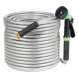 Heavy Duty Stainless Steel Garden Hose, 25FT - 150FT Kink-Free Metal Water Hose with 10-Function Leak-Proof Spray Nozzle, Sturdy Brass 3/4'' Connectors