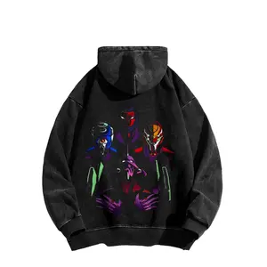 The four Evangelion mechs from Neon Genesis Evangelion. They are the key weapons used by humanity to fight the mysterious enemies known as "Angels." Retro anime-style American-made hoodie – casual style, 100% cotton, made in the USA, fun street style.