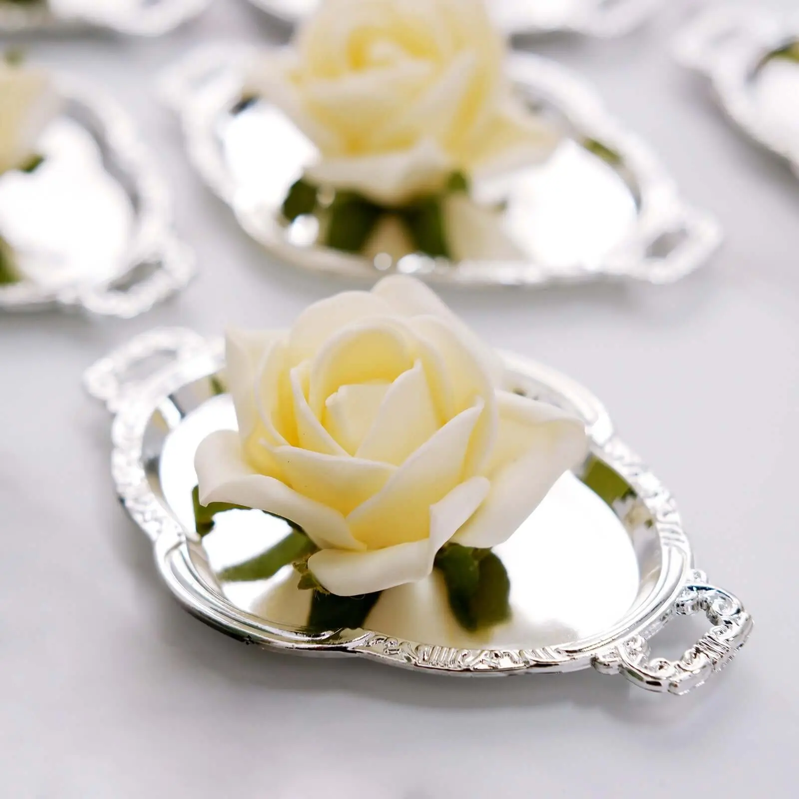 12-Pack Silver Baroque Oval Food Tableware Display Trays (4.5" Mini), Small Serving Platters for Wedding Parties