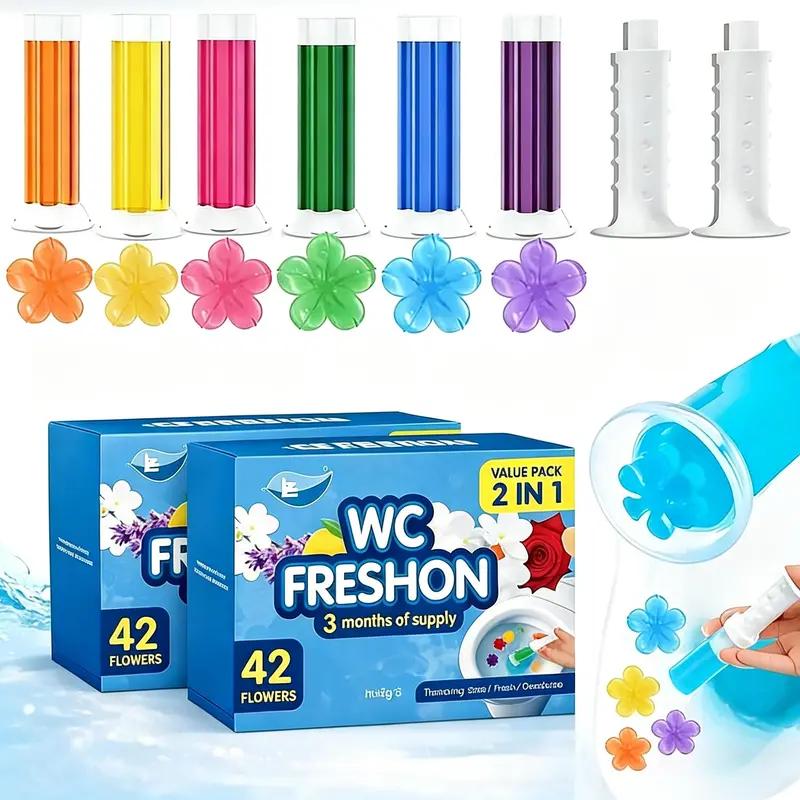 toilet jelly 6-Pack Toilet Gel Stamps 84 Count, Flower Air Freshener, 6 Fragrances, 2 Dispensers, Anti-Scale & Toilet Ring Prevention outdoorfun Scented Clean Mildew Resistant Mildew Resistant Home Cleaning Products Multi Surface Cleaner