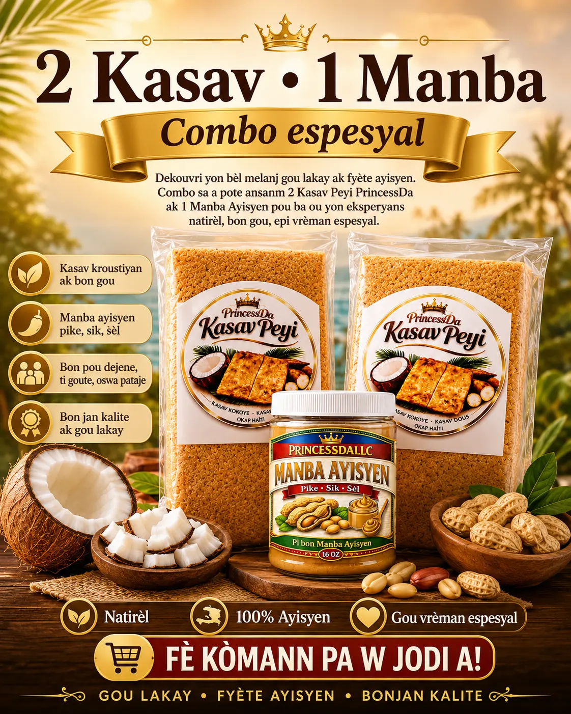 Special Combo Pack - 2 Kasav Peyi, 1 Manba Ayisyen, Haitian Pantry Food Preserves