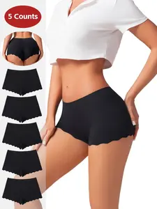 Women's Low Waist Briefs Shorts Set, Casual Slim-Fit Underwear, Wave Hem Design, Suitable for All Seasons, 5-Pack Ladies Panties
