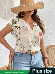 【Plus Size】 Floral Print Keyhole Neck Blouse without Bottom, Casual Short Sleeve Top for Summer, Women's Clothing for Daily Wear, Casual Boho Soft