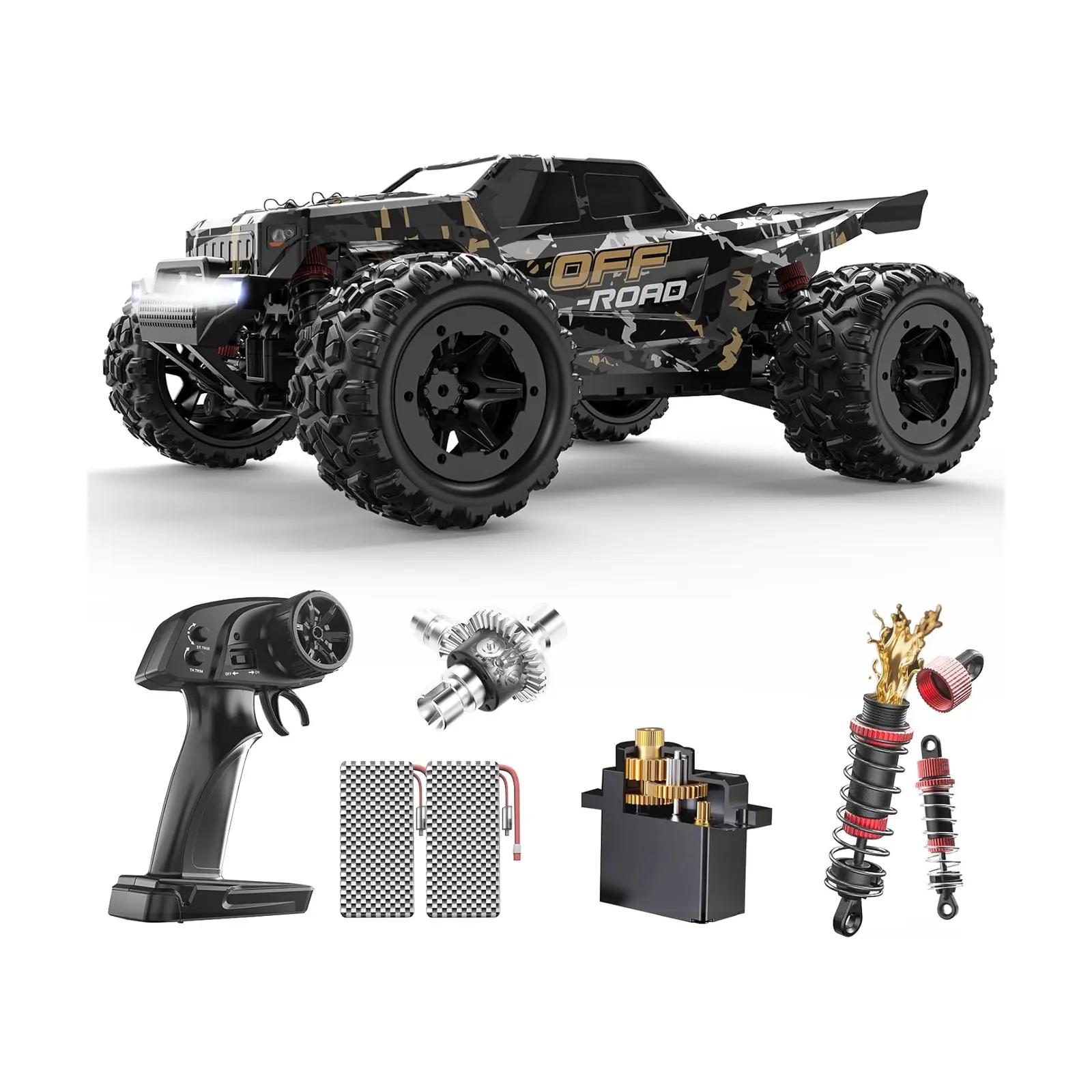 DEERC 9309E 4WD All-Terrain High-Speed Electric Remote Control Monster Truck - 2.4GHz Waterproof Hobby Grade RC Vehicle, 40KM/H Rechargeable RC Model Car, LED Headlights, 2 Rechargeable Batteries, Wheelie Bar, Father’s Day Gift for Beginners