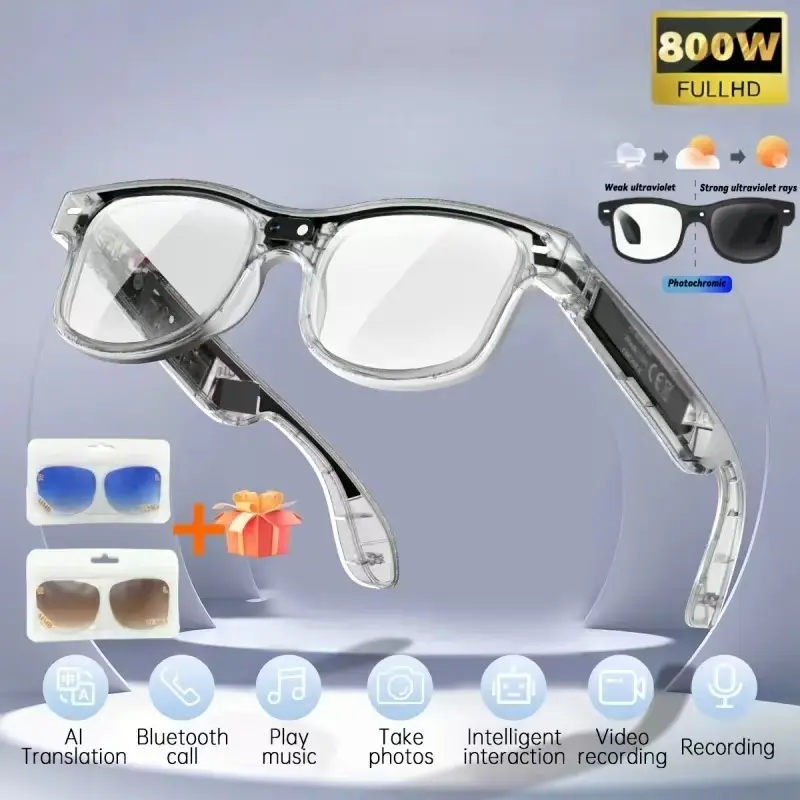 Modern Unisex Adults Multifunctional Smart Glasses - 8MP AI Camera, Photochromic UV Protection Lenses, Button-Touch Adjustment, Hands-Free Photo-Video Recording, Bluetooth Connectivity, 160+ Languages Real-Time Translation for Travel, Outdoor Adventures,