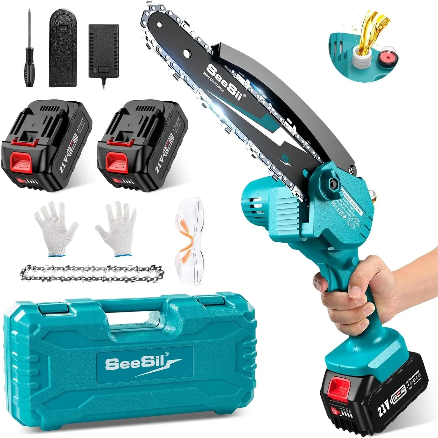 SeeSii 8" Cordless Chainsaw,2x 4.0Ah Battery with Indicator,Oiler System & Replacement Chain,Handheld Electric Chain Saw w/Safety Lock,Battery Powered