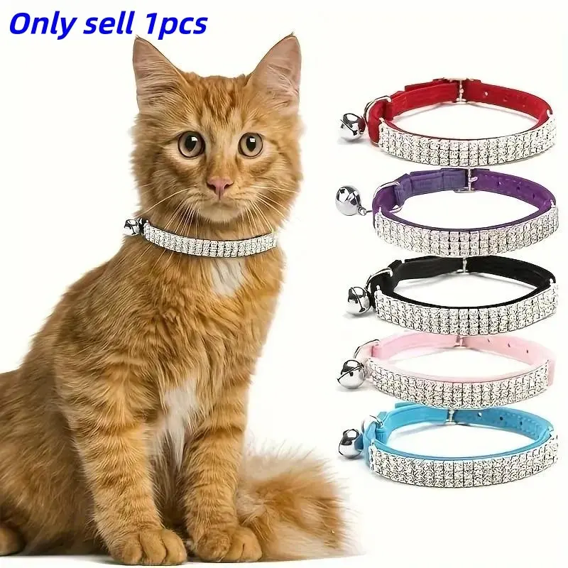Soft Velvet Cat Collar with Jewelry Rhinestones and Bell, Adjustable and Safe, Ideal for Daily and Festival Wear, Pet Accessory