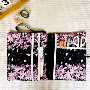 Cherry Blossom Print Multi-Functional Briefcase, Elastic Dividers, Multiple Pockets, Lightweight Handheld Storage Bag, Book Lover's Fashion Protector
