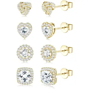 4 Pairs Sterling Silver CZ Stud Earrings for Women 14K Plated Gold Brilliant Celtic Heart Big Stud Earrings Set Cubic Zirconia Earrings Studs for Sensitive Ear