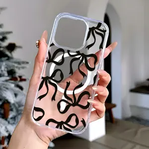 Black Bowknot Fashion Pattern Compatible with iPhone 16 15 Pro Max Plus 14 13 12 mini 11 X XR XS Beautiful Gift Durable shockproof Anti-Scratch PC Protective Case Design Offers Shockproof Supports Magnetic Wireless Charging