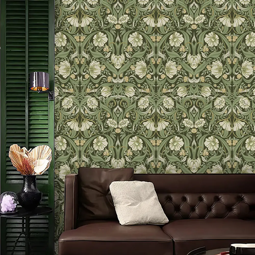 Vintage Green Vine Floral Peel and Stick Wallpaper, Removable Self Adhesive Botanical Wall Paper for Bathroom Bedroom Laundry Room Closet Cabinet Decor