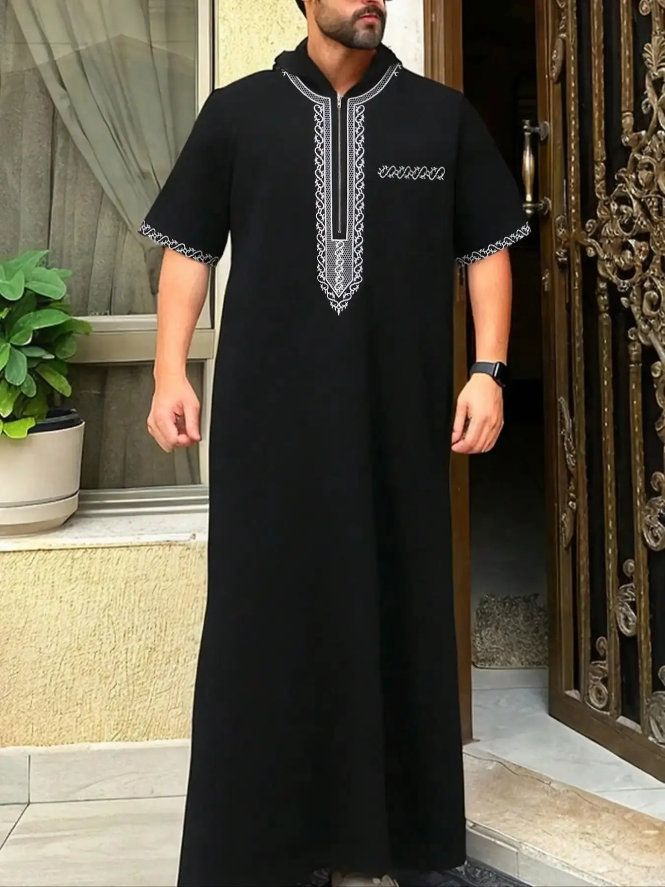 Men's Embroidered Hooded Thobe Loose Fit Islamic National Style Zipper Robe Casual Cultural Wear, essential piece, everyday wear, trendy style, must have item, wardrobe staple, wardrobe essential, must have piece