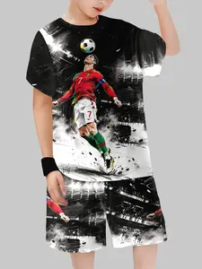 Aerial Dominance! Cristiano Ronaldo Portugal National Team Header Comic Style Printed Set | Soccer Fan Casual T-shirt & Shorts
