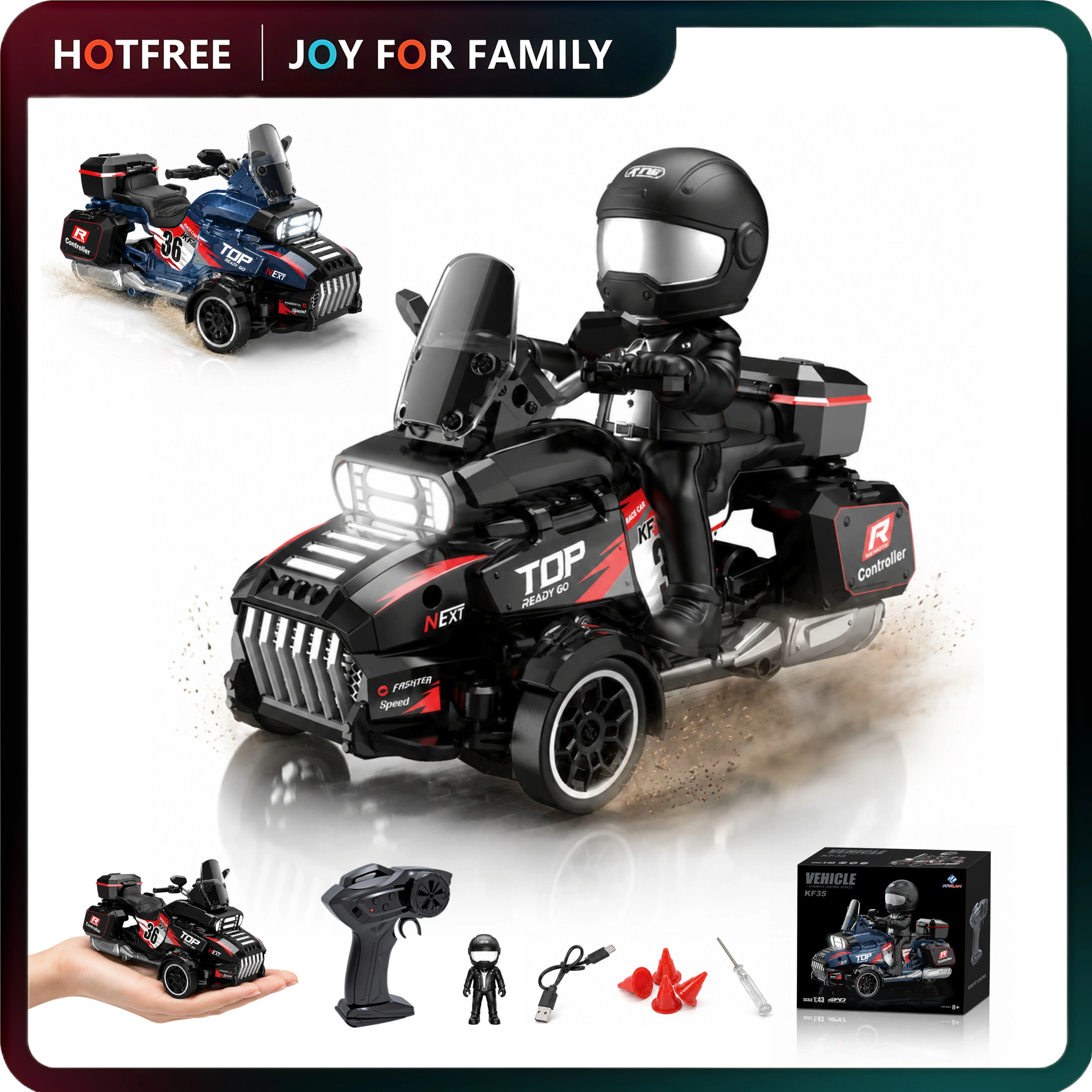 Hotfree 1/43 RC Drift Motorcycle, 2.4GHz Remote Control 3-Wheel Drift Trike with Detachable Rider Figure, LED Lights, High-Speed Racing Motorcycle Toy, Mini RC Car, USB Rechargeable, Birthday Christmas Gift for Kids Boys Adults