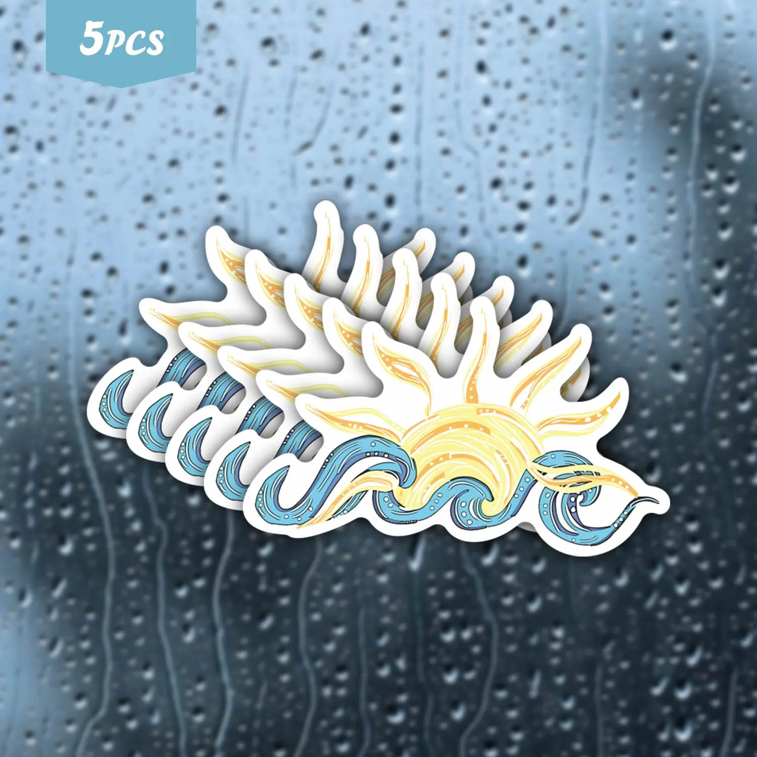 5Pcs "Sun & Waves" Boho Waterproof Vinyl Sticker, Retro Beach Sun Wave Self-Adhesive Decal, Suitable For Water Bottles, Laptops, Journals, Ideal For Beach Lovers, Surfers And Boho Aesthetic Enthusiasts