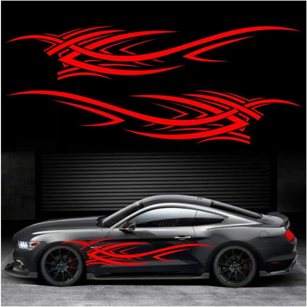 2 count 94.4'' Universal Flame Graphics  Auto  Side Sticker Racing  Self-Adhesive Side Strip Decal Decoration Accessories for  SUV Off-Road  (Style2 Red)
