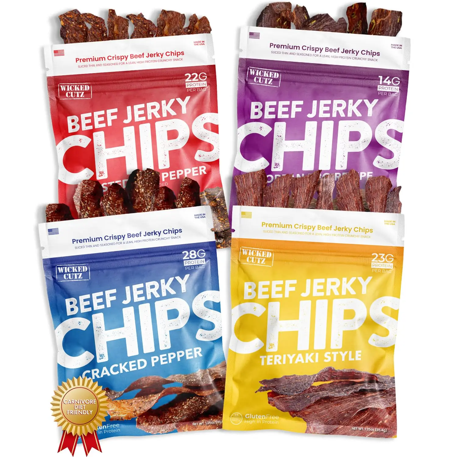Beef Jerky Chips Variety Pack 4 Count, Crispy High Protein Snack Up to 28g Protein per Bag, Cracked Pepper, Teriyaki, Korean BBQ & More Flavors