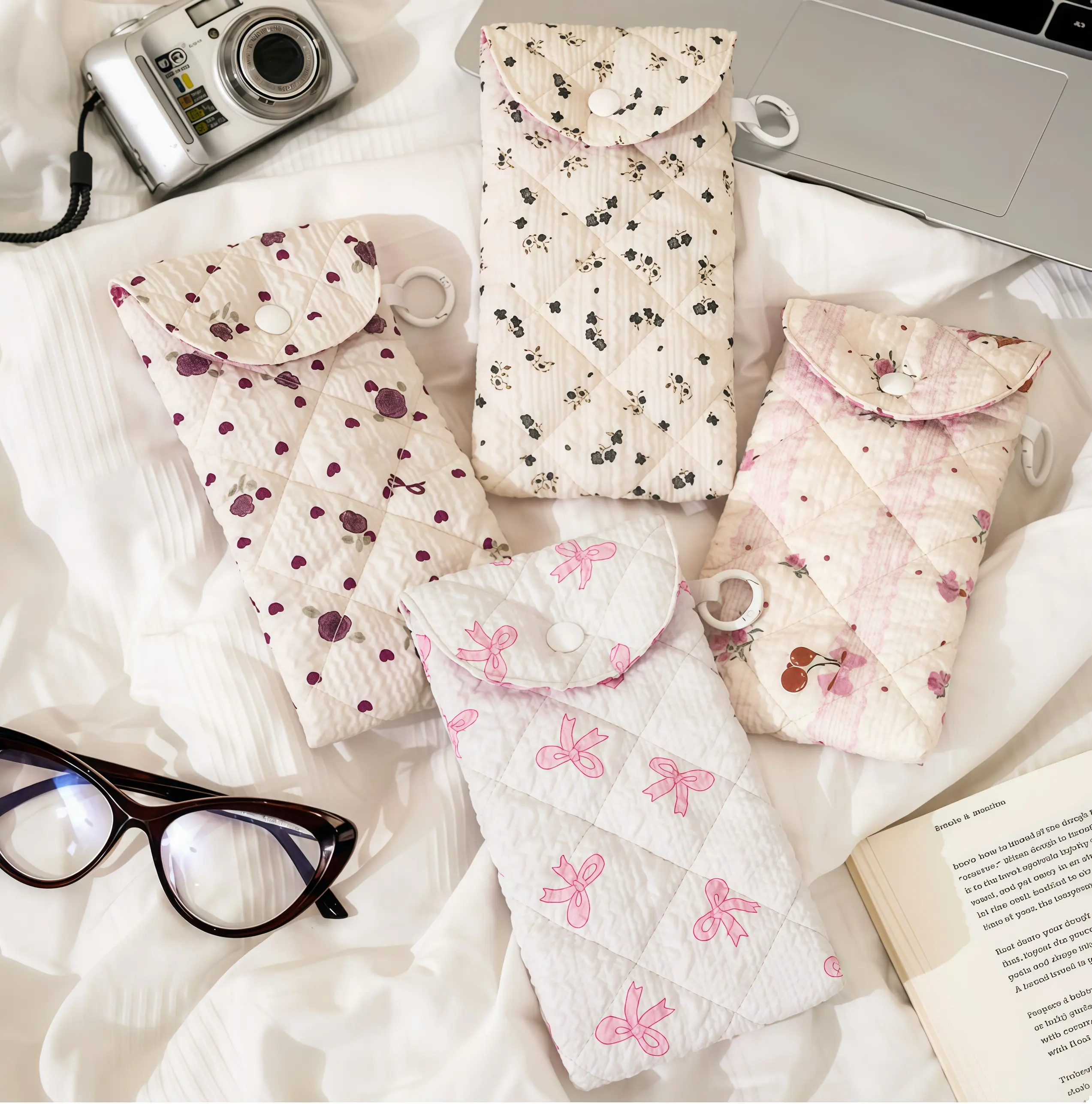 Floral Quilted Look Glasses Cases for Women & Girls, Cute Protective Holder with Button Closure, Set of 4, Female, Snap Button, Everyday, 4-Pieces, Elegant, Daily, Protects From Scratches, Soft Fabric, Prevents Accidental Drops