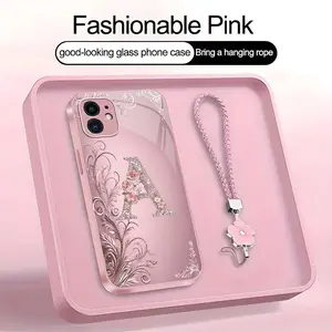 Suitable for [iPhone 11] high-end women's phone case🤩，a beautiful four-leaf clover lanyard is included🍀，Exquisite floral print, non-3D rhinestones, 26 letters to choose from YM99