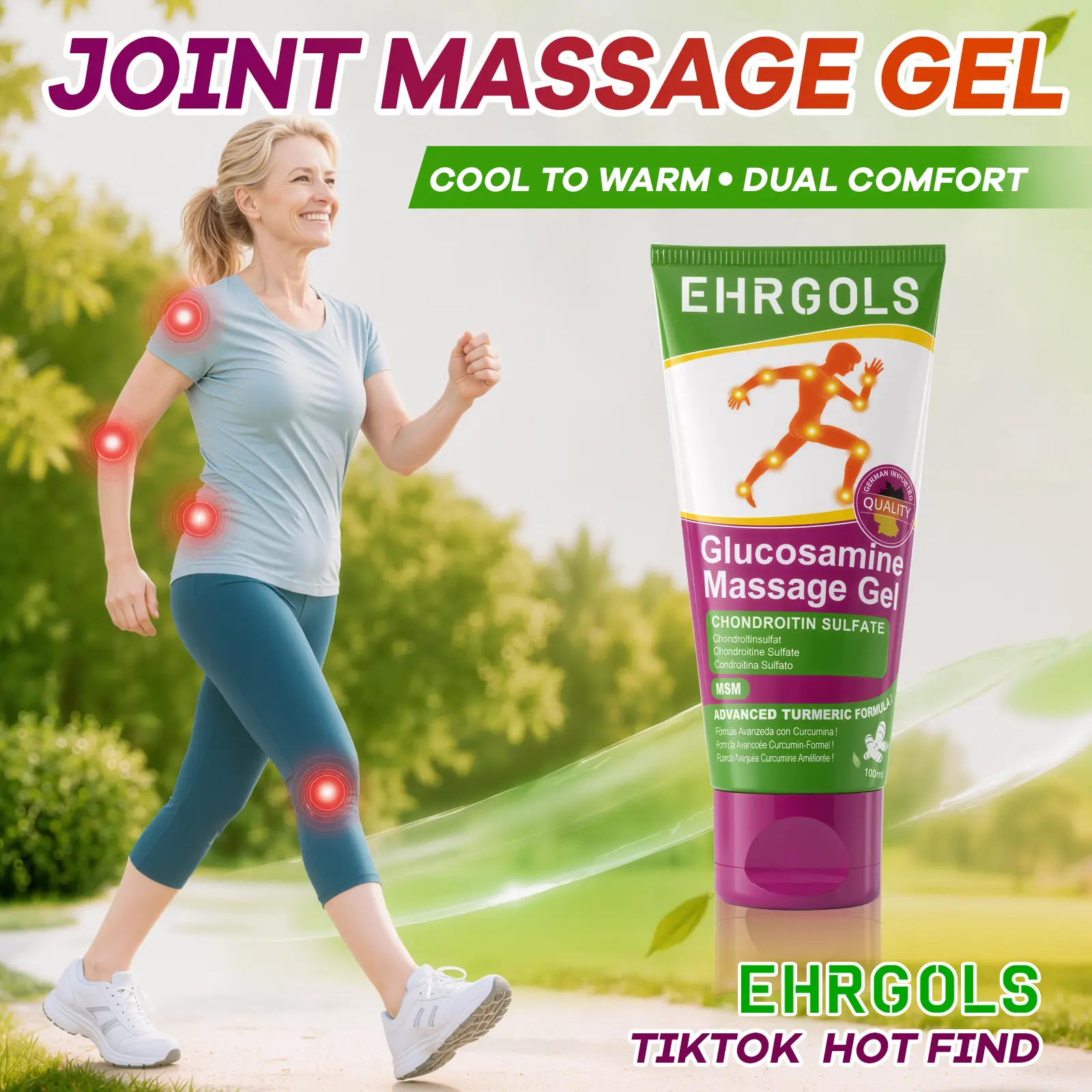Ehrgols Joint Massage Gel 3.4 fl oz/100ml | With Glucosamine, Turmeric & Chondroitin | Cooling-to-Warming Sensation | For Knee, Hand, Lower Back, Neck, Shoulder & Muscle Comfort | Non-Oral, Adults & Seniors