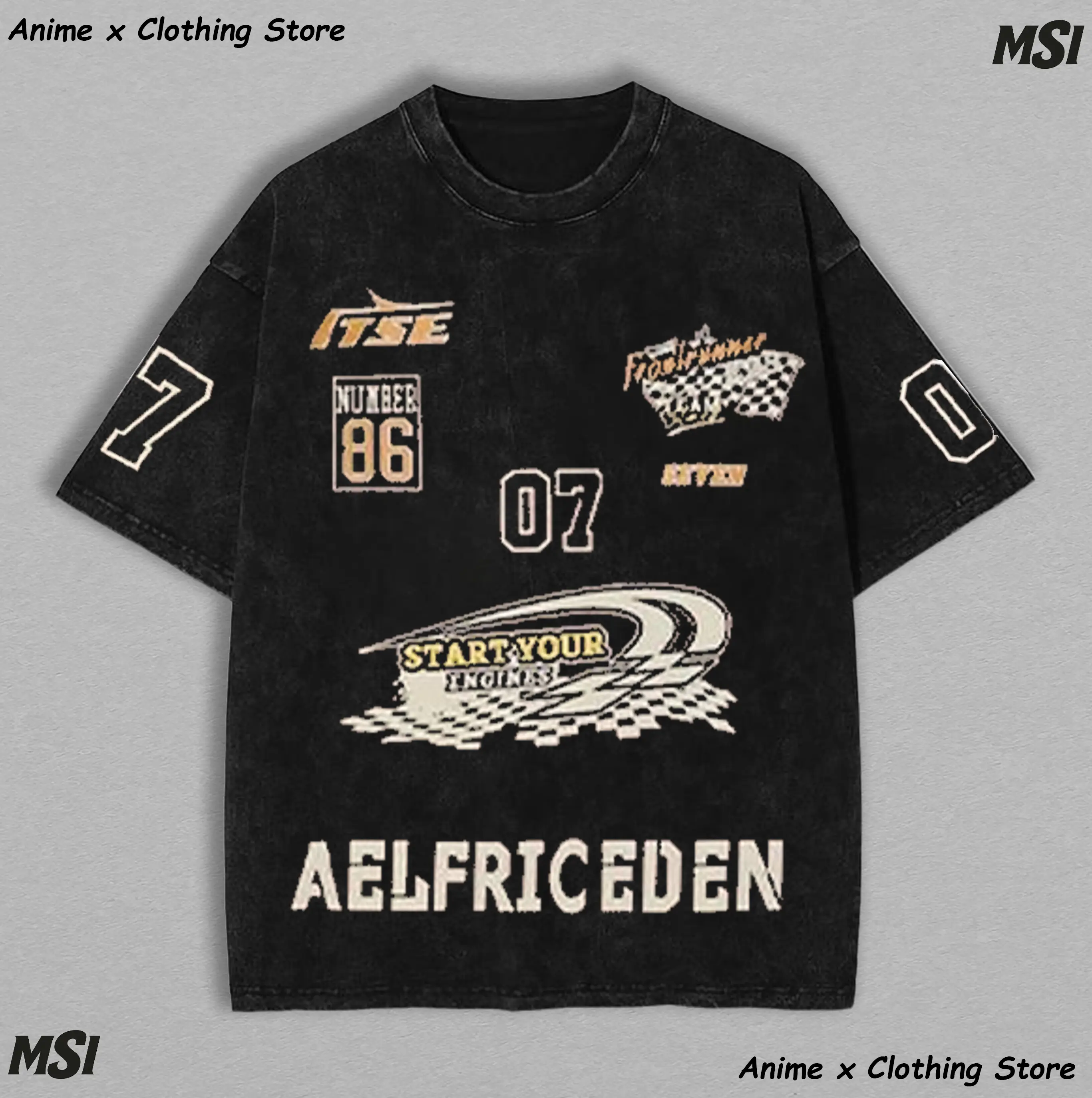 Aelfric Eden Retro Racing T-Shirt: Oversize Washed Cotton Tee, Vintage Biker Graphic Print, Unisex Streetwear Top.