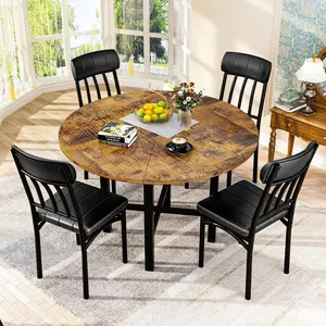 Lamerge Round Dining Table Set for 4 with Wood Circle Kitchen Table and 4 Faux Leather Chairs, Modern Design for Small Spaces High Backrest Easily Assembled Soft Cushion Apartments Durable Aesthetic Black