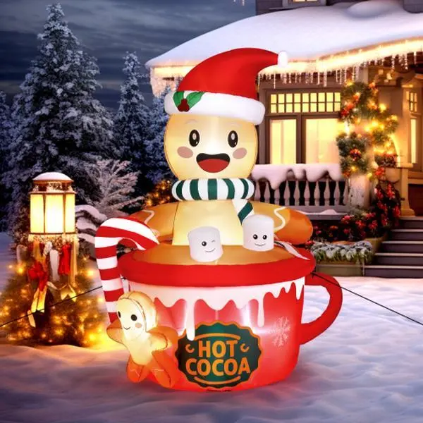 【Summervibes】6ft Gingerbread Man Cup Drawstring Bag 5 LED Lights Garden Gingerbread Man Decoration 15W