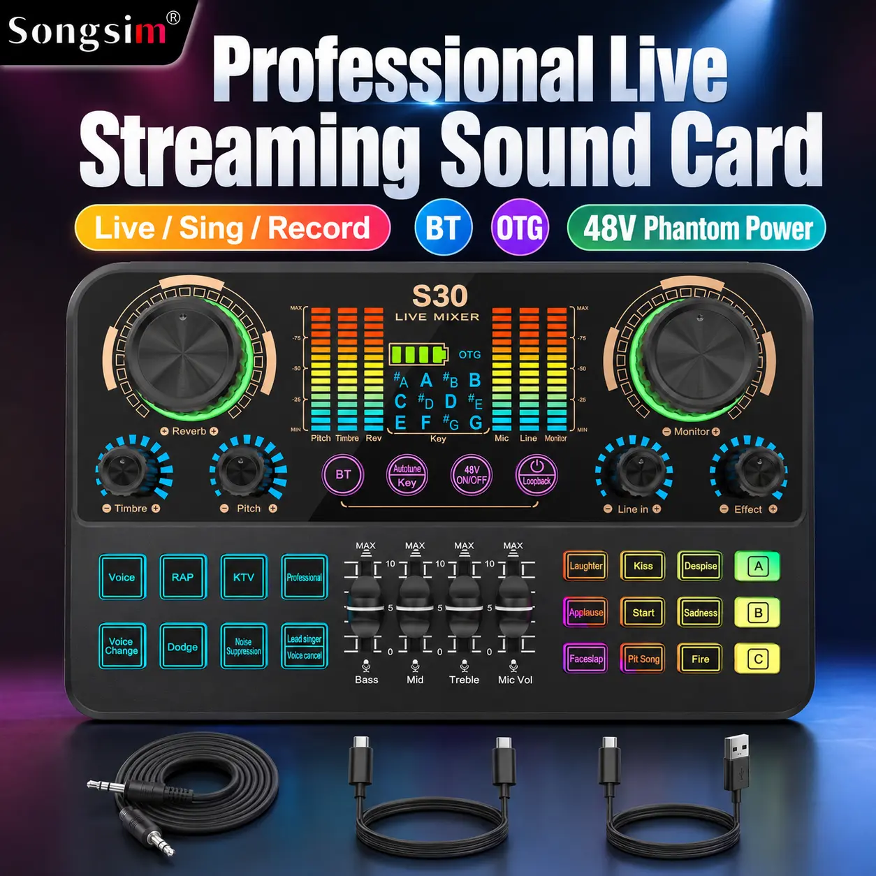 Songsim S30 Professional Live Streaming Sound Card & Audio Mixer, 48V Phantom Power, XLR Mic Input, Bluetooth, OTG, Loopback, Autotune Key, Voice Changer, Noise Suppression, Sound Effects for Singing, Podcast & Recording