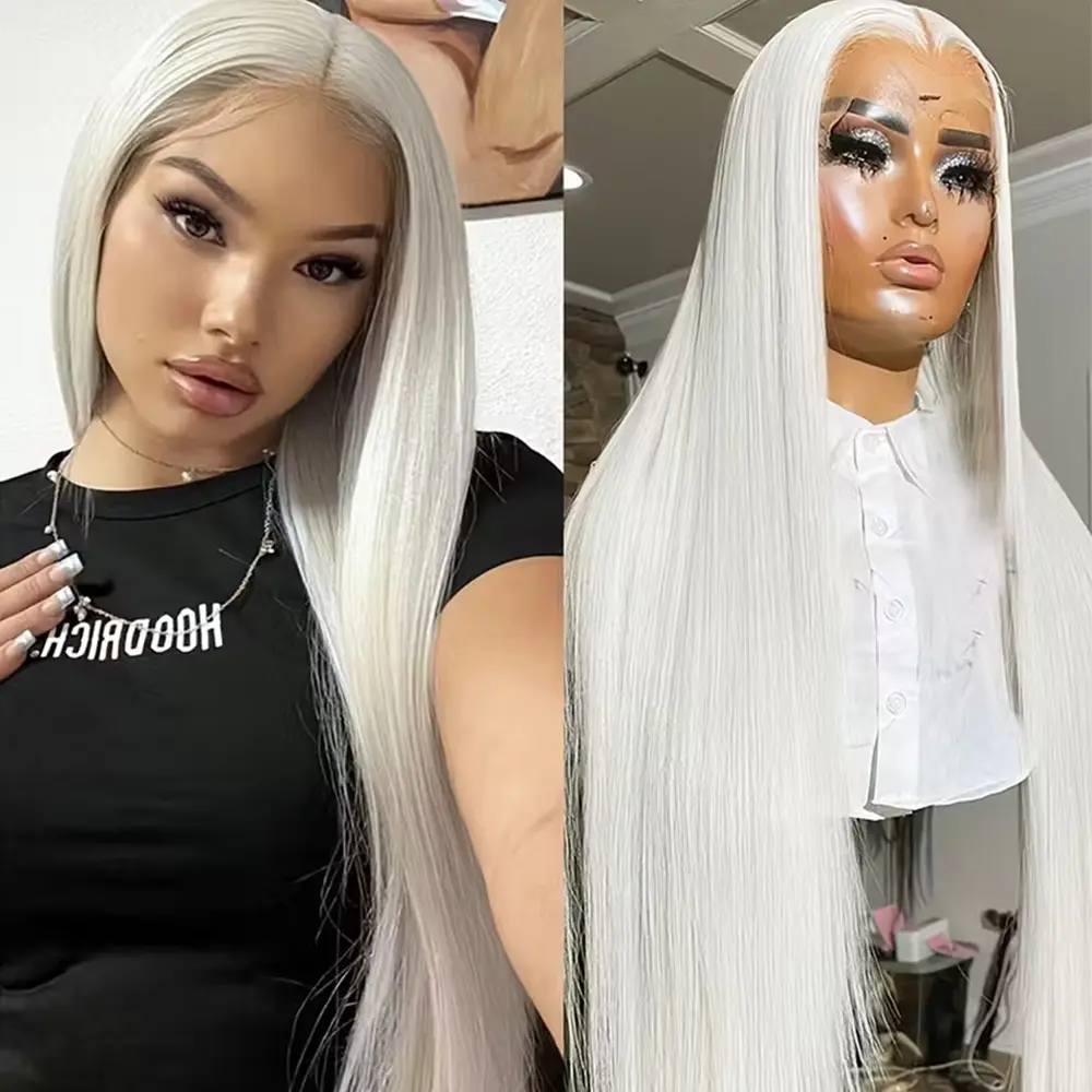 Ice Silver White Color Long Silky Straight Hair 13x4 HD Transparent Lace Front Wigs Free Part Pre Plucked Baby Hair Natural Hairline Glueless Replacement Wig For Fashion Women Daily Party Cosplay Wear Begineer Friendly 28 Inch