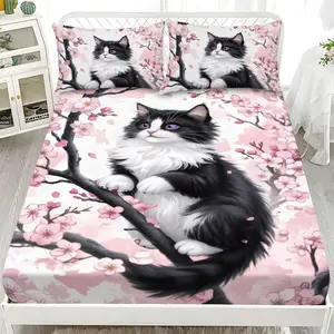 Bed sheet set - 3-piece set with 2D flat printing, cherry blossom and cat pattern mattress protector, available in ten sizes (1*fitted sheet + 2*pillowcases, without filling). Soft and comfortable bed linen, suitable for home bedrooms and guest rooms.