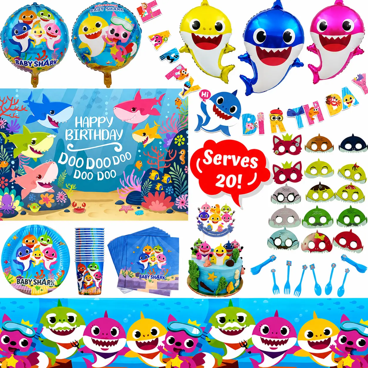 Shark Theme Party Supplies Set, 124 Piece Shark Themed Birthday Decorations, Includes Disposable/Reusable Tableware Kit, 3'x5' Photo Backdrop, Shark Party Masks and Balloons, Serves 20 Guests