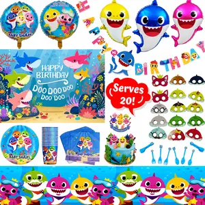 Shark Theme Party Supplies Set, 124 Piece Shark Themed Birthday Decorations, Includes Disposable/Reusable Tableware Kit, 3'x5' Photo Backdrop, Shark Party Masks and Balloons, Serves 20 Guests