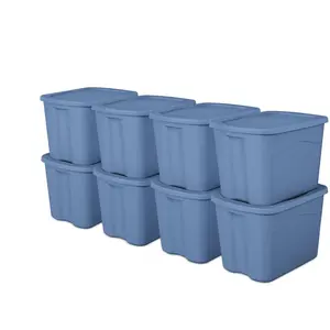 Large Storage Bin, 18 Gallon Plastic Storage Container with Snap-On Lid, Light Blue, 8 Pack