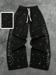 Men's Rhinestone-Embellished Wide-Leg Sweatpants, Sparkling Y2K Rhinestone Streetwear Casual Trousers, Casual Loose Pants, Casual Chic Bottoms, Casual Fashion Bottoms