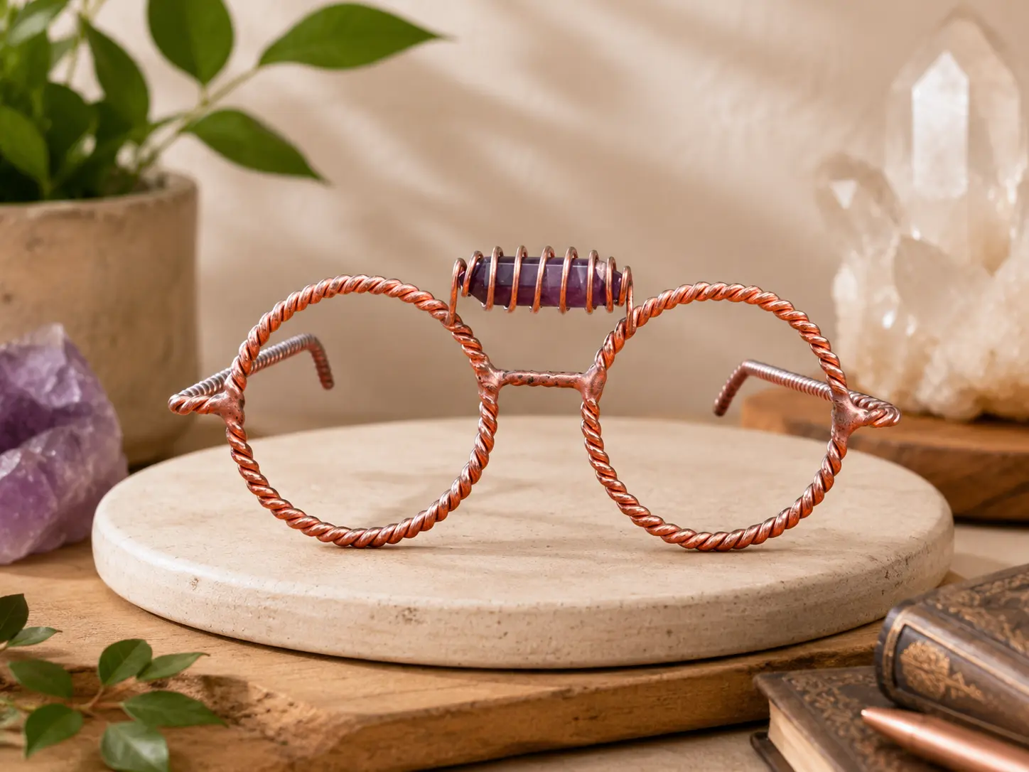Handmade Copper Amethyst Glasses Purple Crystal Sacred Geometry Wire Frame Wearable Statement Eyewear Torch Fused Pure Copper Photo Prop Festival Accessory Gift