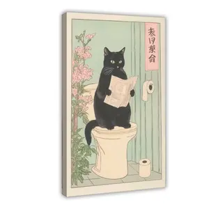 Wooden Framed Canvas PaintingJapanese Black Cat on A Toilet Poster, Funny Bathroom Print, Toilet Poster, Japan Cat Wall Art, Aesthetic Minimalism, Neutral Japandi PrintWrapped in canvas