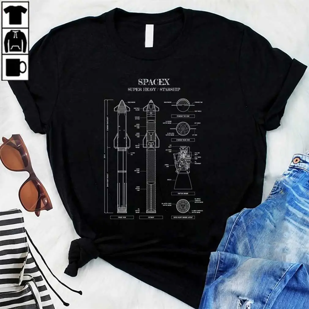 Spacex Starship  Super Heavy (White Stencil - No Background) Vertical  1T-Shirt